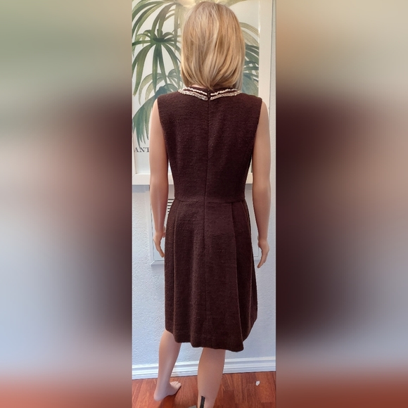 *$4,300 OSCAR DE LA RENTA BROWN WOOL WHITE EXCL BEAD EMBROID RUNWAY DRESS 4, 6 - Picture 5 of 11